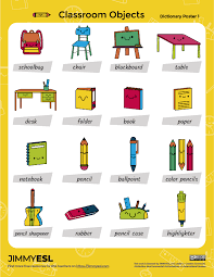 The english you will learn in this lesson consists of 10 words that name things in the classroom. School Classroom Objects Esl Vocabulary Worksheets Flashcards Jimmyesl