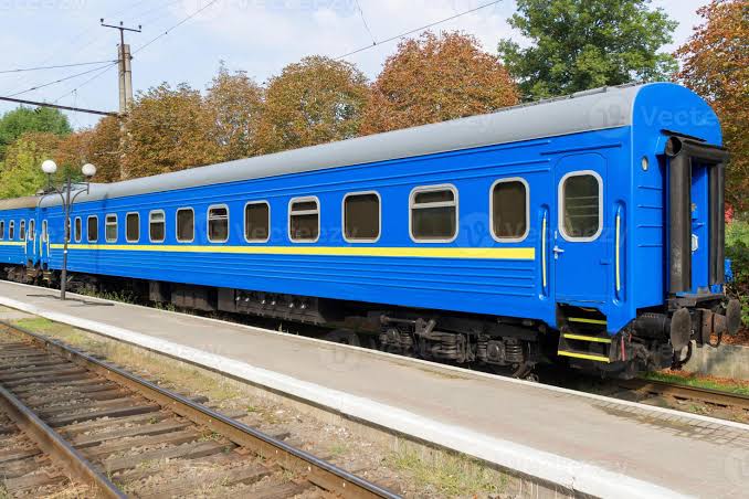 Close up of leaving old blue train at the railway station 41292924 Stock Photo at Vecteezy