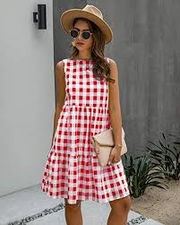 Ecowish Women Dresses Plaid Sleeveless Summer Casual Sundress A Line Loose Swing T Shirt Mini Dress With Poc In 2020 Mini Dress Casual Mini Shirt Dress Red Plaid Dress