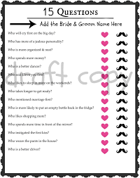 Playing trivia games at wedding receptions is a great way for them to mingle with each other, and at the same time, enjoy the reception party. Bride Groom Trivia Wedding Shower Game Bachelorette Party Game 15 Questions Instant Download Wedding Shower Games Wedding Party Games Bachelor Party Games