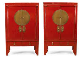 32h empire style oriental cabinet in black lacquer with gold leaf handpainted in chinese bird and flower. Chinese Style Brass And Red Lacquered Armoire Cabinets