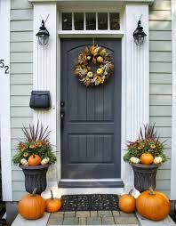 Front Door With Windows Above And Trim Fall Decorating Symmetric Entrance With Transom Pumpkin Fall Front Porch Decor Fall Front Door Front Porch Decorating
