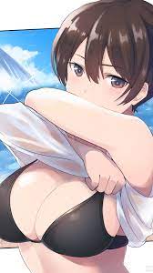 Dyson, brunette, undressing, cleavage, Side ponytail, anime, anime girls,  portrait display, Kantai Collection, brown eyes, T-shirt, bikini top, Kaga  (KanColle) | 1080x1920 Wallpaper - wallhaven.cc