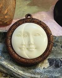 1 Carved Beef Bone Moon and Sun Cabochon 2 1/2 Cm Round