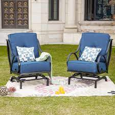 Patio Festival Rocking Metal Outdoor Lounge Chair With Blue Cushion 2 Pack Pf19110 110 B The Home Depot Lounge Chair Outdoor Rocking Chair Set Blue Cushions