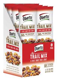 Original beef jerky, almonds, walnuts, seeds, dried fruits & dark chocolate pieces. Oberto Spicy Sweet Beef Jerky Trail Mix 2 Ounce Pack Of 8