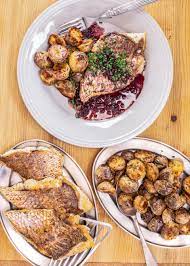 Fish With Red Wine Sauce Rosemary Potatoes Fish Dinner Recipes Fish Recipes Healthy Seafood Recipes