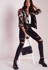 Black Bomber Jacket Outfits Womens Missguided Black Premium Embroidered Floral Bomber Jacket Floral Bomber Jacket Fashion Bomber Jacket Outfit