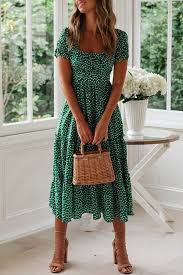 Short Sleeve Flower Print U Collar Casual Wear Dress In 2020 Green Midi Dress Midi Dress Casual Fashion