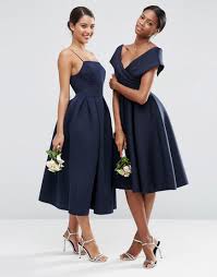 Asos Wedding Scuba Off The Shoulder Midi Prom Dress At Asos Com Tea Length Bridesmaid Dresses Navy Bridesmaid Dresses Short Bridesmaid Dresses