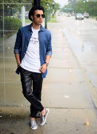 Black And White Combination T Shirt Men S Blue Denim Shirt White And Black Print Crew Neck T Shirt Black Leather Sweatpants Grey Leather Slip On Sneakers Blue Denim Shirt Denim Shirt Men Denim Shirt