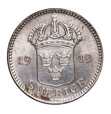 Mønten fremstår i normal kvalitet for typen. Alvin Sverige Gustav V 25 Ore 1919 Stockholm
