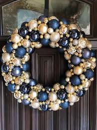 Gorgeous Navy And Gold Ornament Christmas Wreath Bauble Etsy Bauble Wreath Blue Christmas Decor Gold Christmas Decorations