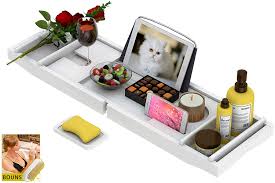Keep all of your bathtub accessories set within easy reach while you relax and unwind. Bathtub Caddy Tray For Luxury Bath Bamboo Waterproof Expandable Bath Table Over Tub With Wine And Book Holder And Free Soap Dish White Kitchen Dining Amazon Com