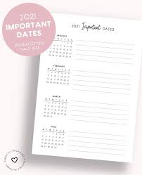 Printable 2021 Important Dates 2021 Monthly Dates Overview Etsy In 2020 Important Dates Planner Inserts Printable Planner Pages