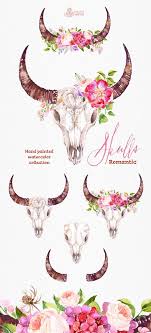 Romantic Skulls Watercolor Skulls With Horns And Flowers Etsy Cow Skull Tattoos Skull Tattoo Flowers Bull Skull Tattoos
