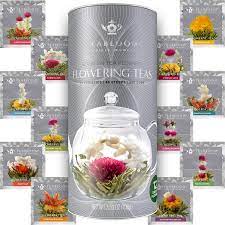 Leaves and flowers tea review. Amazon Com Teabloom Flowering Tea 12 Unique Varieties Of Fresh Blooming Tea Flowers Hand Tied Natural Green Tea Leaves Edible Flowers 12 Pack Gift Canister 36 Steeps Makes 250 Cups Grocery Gourmet Food