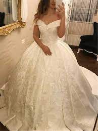 Ball Gown Chapel Train Off The Shoulder Appliques Wedding Dress Ivory Bridal Gown Wedding Dresses Lace Ballgown Satin Bridal Gowns