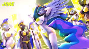 1335207 - suggestive, artist:hooves-art, princess celestia, alicorn,  unicorn, anthro, 3d, armor, armpits, beautiful, bedroom eyes, belly button,  bikini, breasts, busty princess celestia, calendar, cleavage, clothes,  crepuscular rays, crown, ethereal ...