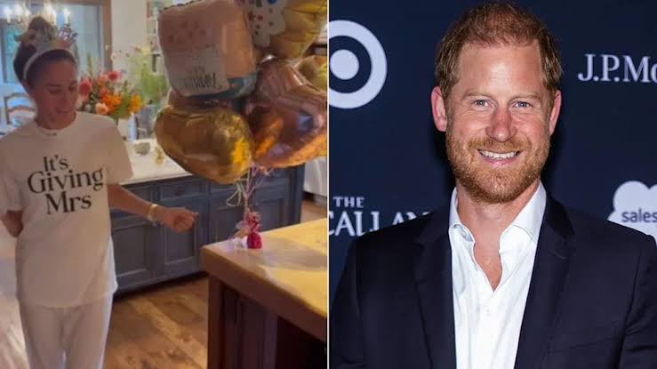 Prince Harry lets slip unimpressed 2-word reaction as Meghan Markle dances  round their kitchen for 45th birthday