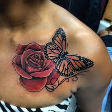Flower Rose Tattoo Butterfly Monarch Color Tats And Piercings Rose And Butterfly Tattoo Butterfly Thigh Tattoo Butterfly Tattoo On Shoulder