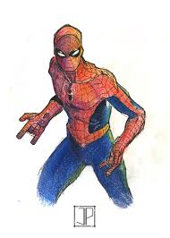 Once you sketch a general body outline take a darker graphite pencil and use it to draw from the neckline, across the shoulder, and down then, use colored pencils to make the webbed portions red. Spider Man Ink And Colored Pencil By Jpipe On Deviantart