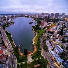 Aerial Shot Of Oakland Ca Lake Merritt Oakland San Francisco Bay Area Downtown Oakland