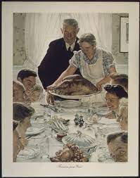 A cartoon thanksgiving turkey in a pilgrim hat on white background. Freedom From Want Wikipedia