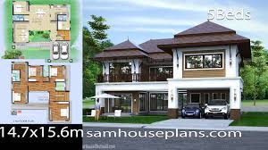 Shake siding beneath gabled roofs pairs beautifully with the stone accents on the front porch of this 5 (or 6) bedroom house. House Plans Idea 14 7x15 6m With 5 Bedrooms Samhouseplans