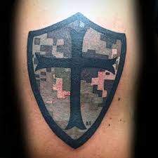 Black And White Camouflage Tattoo Shield With Cross Camouflage Mens Digital Tattoo Design Camo Tattoo Shield Tattoo Tattoo Designs Men
