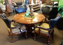 Thomasville Dining Table With Four Leather And Wood Arm Chairs On Casters Shabby Chic Table And Chairs Wood Arm Chair Accent Chairs For Living Room