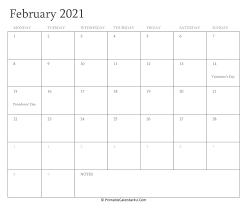 Quickly print a blank yearly 2021 calendar for your fridge, desk, planner or wall using one of our pdfs or images. February 2021 Calendar Printable With Holidays