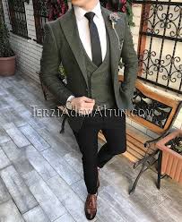 Italyan Stil Erkek Ceket Yelek Pantolon Yesil Kombin Takim Elbise T2347 Siyah Takim Elbise Takim Elbise Stil Erkek