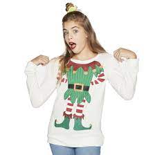 [with color 2, k1 below; Juniors Ugly Christmas Sweater Knit Top Elfie Selfie Let Go Have Fun
