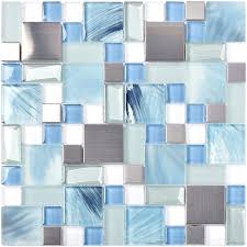 Blue green glass tile backsplash. Sea Blue Green Glass Stainless Steel Tile White Kitchen Bath Backsplash Artistic Mosaic Tstmgb028 5 Square Feet Amazon Com