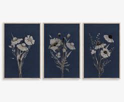 Printable Art, Botanical Print Set of 3, Gray Beige Wildflowers, Blue Wall  Art, Navy Background Print, Botanical Plant Prints