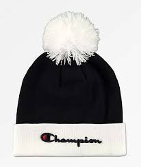 Black And White Beanie Champion Script Pom Black White Beanie With Images White Beanies Beanie Outfit Beanie