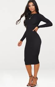 Basic Black Ribbed Long Sleeve Midi Dress Prettylittlething Usa Black Long Sleeve Midi Dress Long Sleeve Midi Dress Black Long Sleeve Dress