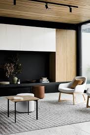 Sleek Cabinets In Black White And Natural Wood Create A Contrasting Look In 2020 House Interior Minimalist Living Room Interior Architecture