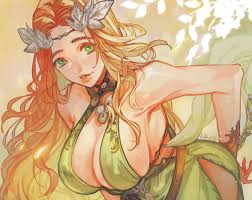 ailout2, nophica, final fantasy, final fantasy xiv, 1girl, artist name,  bead necklace, beads, breasts, brown hair, circlet, cleavage, cowboy shot,  dress, green dress, green eyes, halter dress, halterneck, hand on own hip,