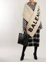 Balenciaga Leather Shearling Logo Scarf In Beige Natural Lyst