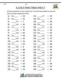 Free Multiplication Worksheets 6 7 8 9 Times Tables 3 4th Grade Math Worksheets Free Math Worksheets Math Multiplication Worksheets