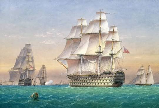 A painting of an engagement between three East India Company ships and two French vessels, 8 March 1757'. Painted by Auteur Lawson Dunn. Three homeward bound East Indiamen, the 'Suffolk', 'Houghton' and '