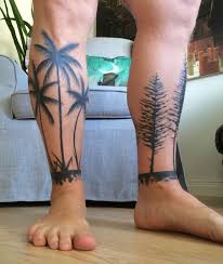 Tree And Palmtree Tattoo Tree Tattoo Calf Tattoos For Guys Tree Leg Tattoo