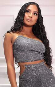 Black Silver Glitter One Shoulder Clear Strap Crop Top Isabelle Strap Crop Top Slip Mini Dress Corset Mini Dress