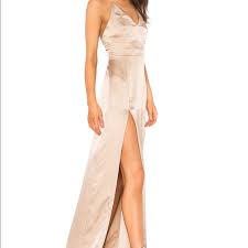 Featuring a lightweight, colbalt print fabric, a flattering kimono silhouette and tie waist, this maxi dress is ticking all this seasons trend boxes. Dresses Champagne Gold Satin Maxi Double Slit Dress Poshmark