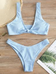 Tie Front Ribbed Bikini Set Black Light Sea Green Light Sky Blue Red White Yellow Light Blue Swimsuits Light Blue Bikini Blue Swimsuit
