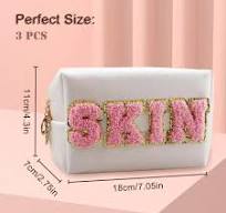 Chenille Letter Patch Make-up Tas, Preppy Cosmetische Tas PU Lederen  Huidverzorging Tas met Rits, Toilettas Waterdichte Reizen Organisator Tas  voor ...