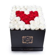 I love how these origami boxes with petals in the shape of hearts function as holders of notions like thread, buttons, pins, or thimbles. Heart Design Red White Preserved Roses Large Square Luxury Black Box Le Jardin Infini Roses In A Box