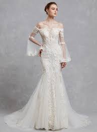 Mermaid Trumpet Wedding Dresses Off Shoulder Court Train Lace Tulle Long Sleeve Romantic Boho See Through Backless Illusion Sleeve With Lace Appliques 2020 20 Wedding Dresses Mermaid Trumpet Wedding Dresses Wedding Dress Inspiration